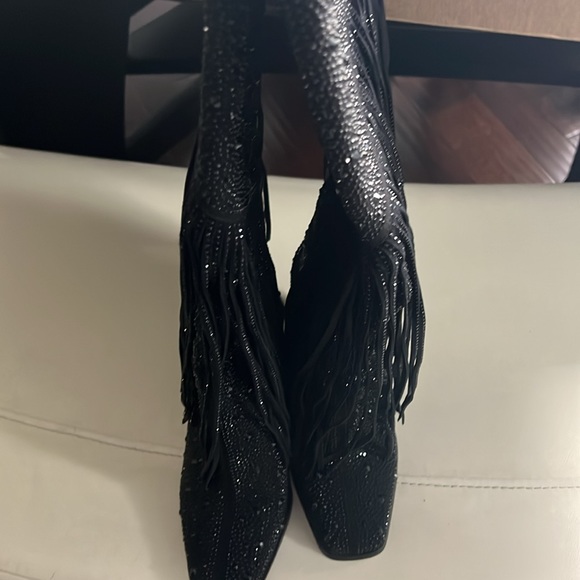 Jessica Simpson Black Rhinestone Boots with Fringe. - Picture 5 of 11